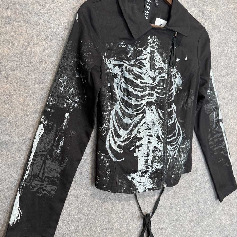 Lip Service Skeleton Moto Jacket Womens Medium Rib Skull Corset Gothic Racer Y2K - Picture 3 of 13